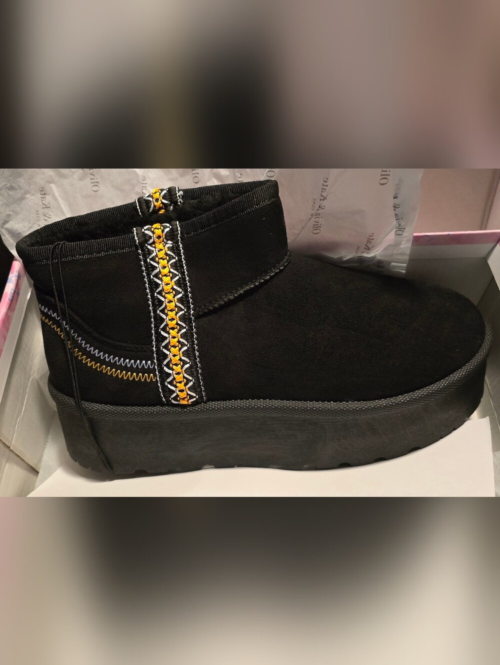 NEW Olivia & Kate Black Faux Suede Ankle Boots, Sz 8, with Yellow Stitch Detail
